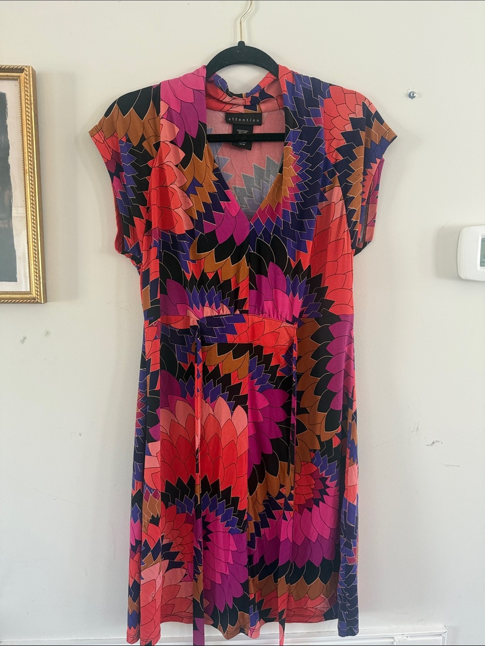 attention Multicolor Floral Fan-Print Wrap Dress - Pink, Red, Purple
